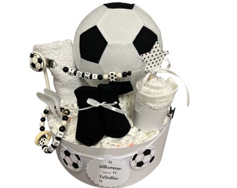 Windeltorte Fussball Verein  Ball schwarz weiß personalisier  Torte Babyparty Baby Shower Geburt Taufe Geschenk