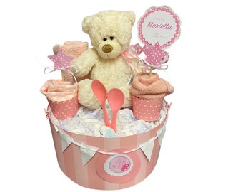 Diaper cake teddy bear pink personalized ... also available in blue ..