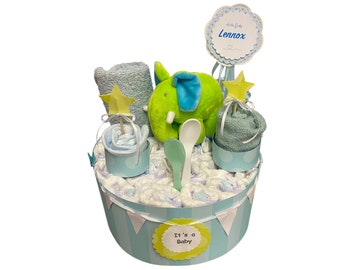 Windeltorte Elefant lemon blau weiss Baby Geburt Taufe Geschenk Babyshower Babyparty Kuchen Torte Boy Girl Schnullerkette