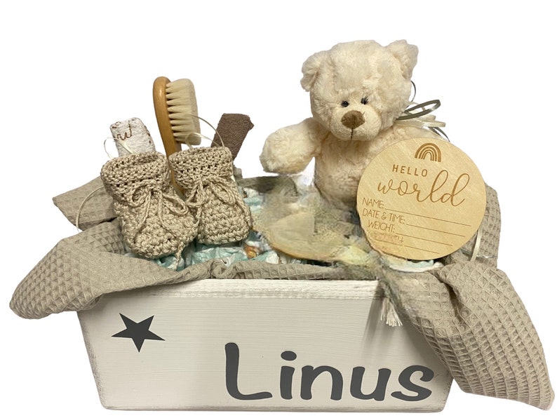 Windeltorte Kiste mit Name Baby Geschenk Taufe Geburt Babyshower Babyparty Holzkiste Makramee Boho Spielzeugkiste Windelbox Box Bär Teddy Bild 1