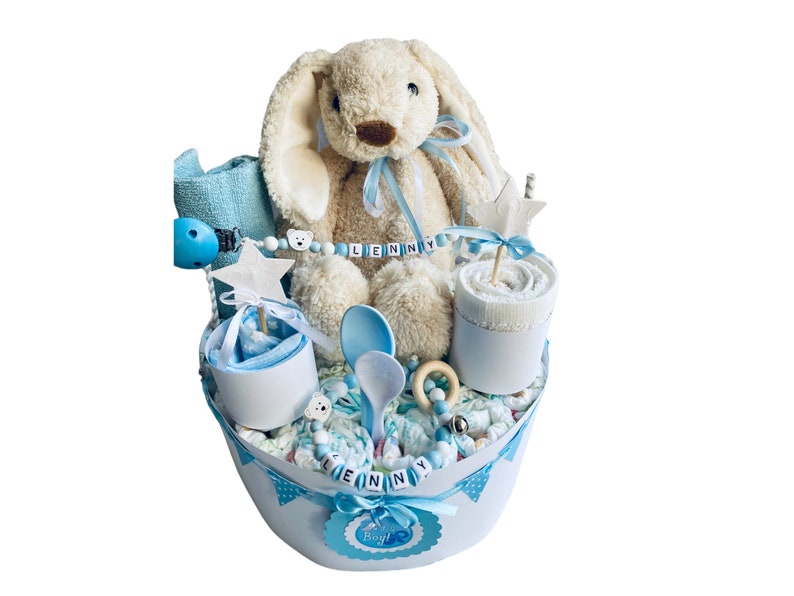 Diaper cake bunny blue white personalized...also available in pink.. image 1