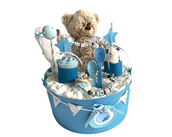 Windeltorte Teddybär  Bär blau  personalisiert   auch in ROSA  und grau erhältlich Taufe Geburt Geschenk Party Baby Shower Name