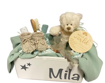 Windeltorte  Kiste mit Name Baby Geschenk Taufe Geburt Babyshower Babyparty Holzkiste Makramee Boho Spielzeugkiste Windelbox Box Bär Teddy