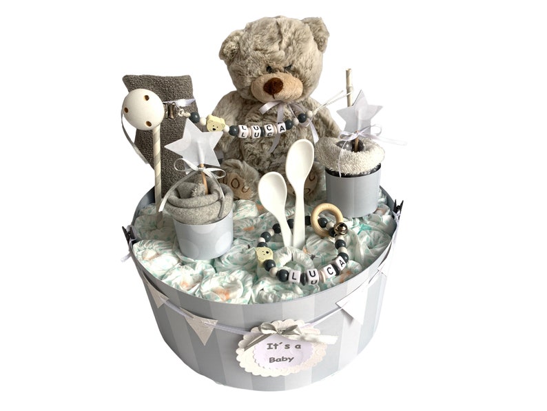 Diaper cake teddy bear gray white personalized ... also available in blue and pink .. image 1