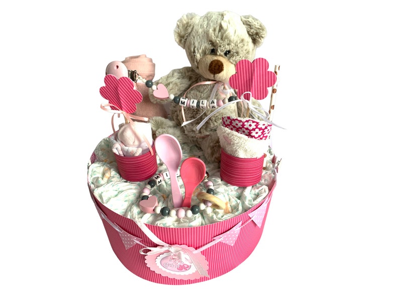 Windeltorte Teddybär Bär grau weiß personalisiert ... auch in Blau und rosa erhältlich .. Bild 3