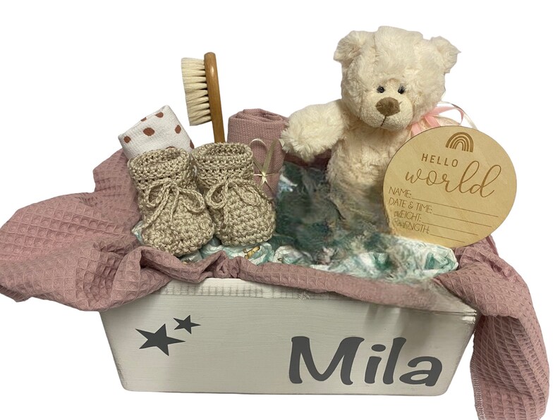 Diaper cake box with name baby gift christening birth baby shower baby party wooden box macrame boho toy box diaper box box bear teddy image 1