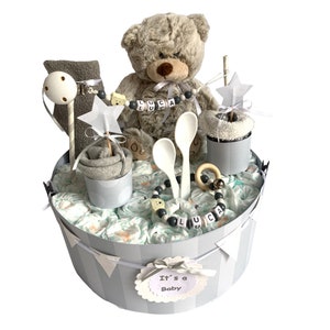 Diaper cake teddy bear gray white personalized ... also available in blue and pink .. image 1