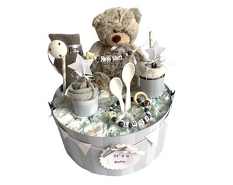 Diaper cake teddy bear gray white personalized ... also available in blue and pink ..