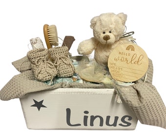 Windeltorte  Kiste mit Name Baby Geschenk Taufe Geburt Babyshower Babyparty Holzkiste Makramee Boho Spielzeugkiste Windelbox Box Bär Teddy