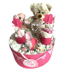 Diaper cake teddy bear gray white personalized ... also available in blue and pink .. image 3