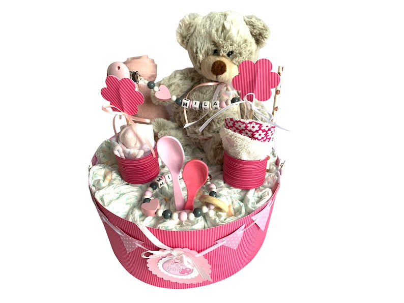 Diaper cake teddy bear gray white personalized ... also available in blue and pink .. image 3