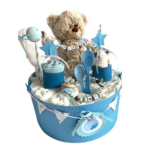 Diaper cake teddy bear gray white personalized ... also available in blue and pink .. image 2