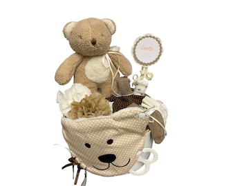 Diaper Cake Personalized with Name Teddy Bear Bear retro boho natural beige brown birth christening babyshower party
