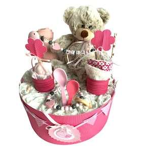 Diaper cake teddy bear gray white personalized ... also available in blue and pink .. image 3