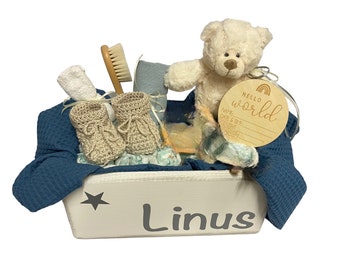 Windeltorte  Kiste mit Name Baby Geschenk Taufe Geburt Babyshower Babyparty Holzkiste Makramee Boho Spielzeugkiste Windelbox Box Bär Teddy