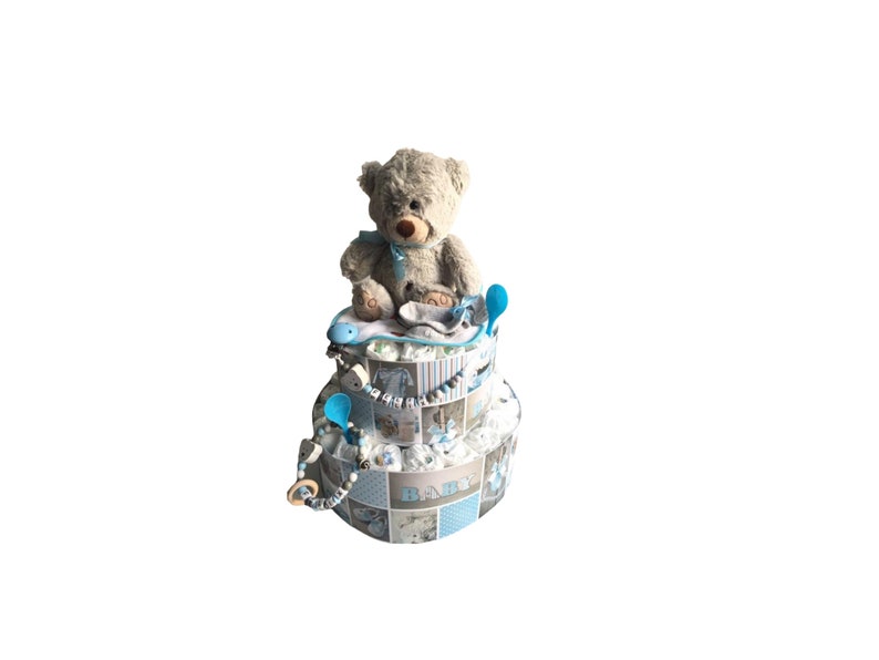 Diaper cake teddy bear blue personalized ... also available in PINK Baptism Birth Party Name Baby Shower Gift Cake Cake image 1