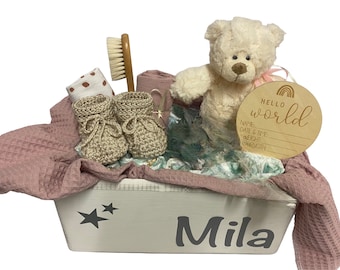 Diaper cake box with name baby gift christening birth baby shower baby party wooden box macrame boho toy box diaper box box bear teddy