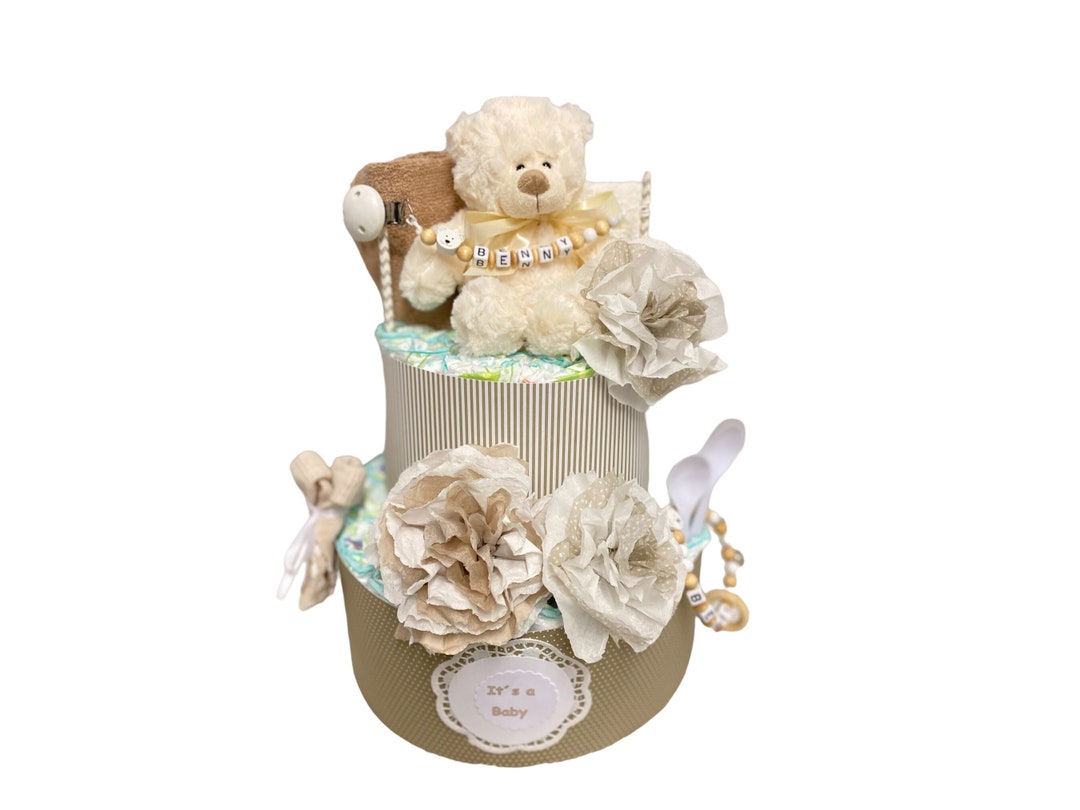 Diaper Cake Teddy Bear Pom Pom Beige Natural Boho Baby Shower Baby ...