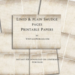 以下が含まれることがあります： ヴィンテージな雰囲気の印刷可能な罫線入りと無地の紙のページのデジタルダウンロード。テキストは「Lined & Plain Smudge Pages Printable Papers by VintageNorah.com Instant PDF Download on Confirmed Purchase.」です。