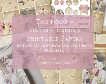 Journal Pages ~Tag Folio ~ Vintage Garden. Printable Papers. Digital PDF Instant Download. Scrapbooking. Journals, Papercraft. Supplies.