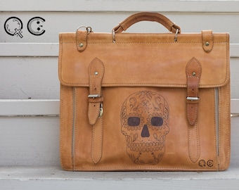 Leather Messenger Portfolio with Skull Design on side. -  Día de los Muertos - Day of the Dead