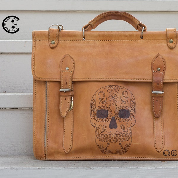 Leather Messenger Portfolio with Skull Design on side. -  Día de los Muertos - Day of the Dead