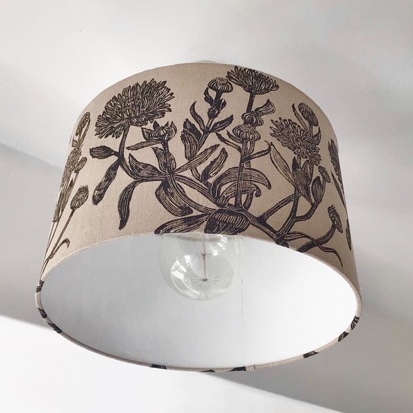 Botanical Print Linen Lampshade, Fennel, leaves and flower print lampshade, lino cut, table lamp or pendant lamp, eco friendly hand printed