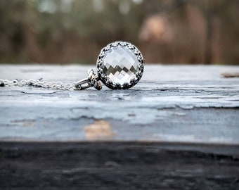 Pools of Light, Faceted Quartz, Crystal Ball, 10mm, Medium, Un-drilled Clear Quartz Pendant, Victorian Style, Crystal Ball, Antique Finish