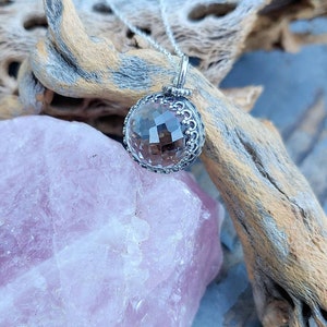 Pools of Light, Crystal Ball, Sterling Silver, 14mm, Un-Drilled Clear Quartz Pendant, Faceted Quartz Necklace, Antique Finish