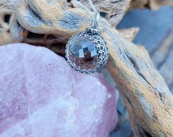 Pools of Light, Crystal Ball, Sterling Silver, 14mm, Un-Drilled Clear Quartz Pendant, Faceted Quartz Necklace, Antique Finish