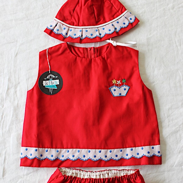 Ensemble d'été 3 pièces en coton rouge avec broderies des années 60 - Stock ancien neuf - Taille 4 ans