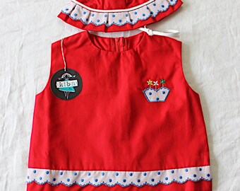 French 60's red cotton summer set with embroideries - New old stock - Size 4 years
