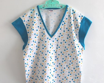 Vintage 1970's polka dots cotton tee  - French NOS - Size 10/12 years