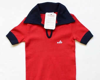 Vintage 1970's red and navy blue cotton polo top - French new old stock - Size 4 and 12 years