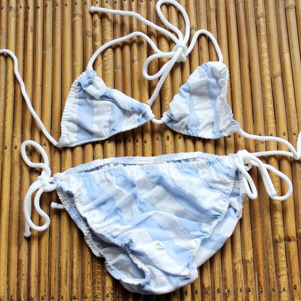 Maillot de bain bikini 2 pièces en coton rayé bleu ou rose - Stock ancien neuf - Taille 10 ans