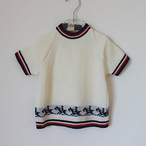 Vintage 60s white knitted top with stripes and horse pattern - Belgian NOS - Size 3 years