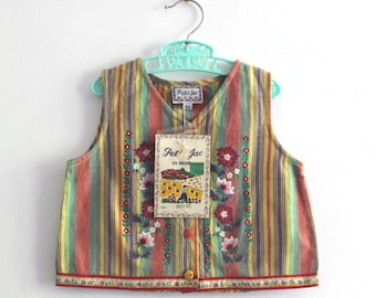 French vintage 80's striped cotton vest with floral embroideries - New old stock - Size 2 years