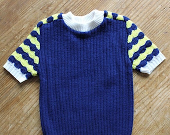 French vintage 70's navy blue and yellow knitted top - New old stock - Size 1 and 3 years
