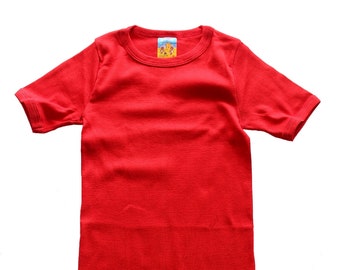 Tee-shirt en coton des années 70 - rouge ou turquoise -  Stock Neuf - Taille 8 et 10 ans