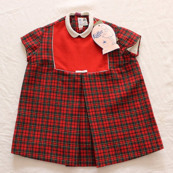 Robe rouge à petits carreaux en pure laine des années 60 - Stock Neuf - Taille 2 ans