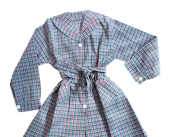 Vintage 50's blue checkered cotton smock - French NOS - Size 5 years