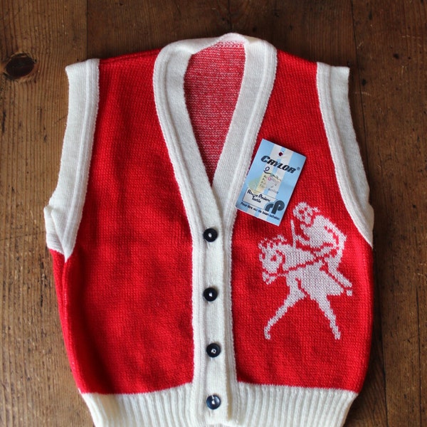 Gilet sans manches rouge et blanc des années 70 - Stock ancien neuf - Taille 6 mois