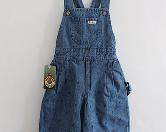 Vintage 80's denim shortalls with watermelon print - Spanish new old stock - Size 4 years