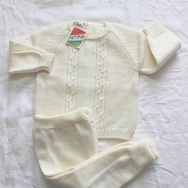 Ensemble en tricot pure laine crème - Pull et pantalon - Stock ancien neuf - Taille 1 et 2 ans