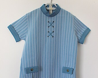 Vintage 60's blue patterned jersey tunic - Belgian NOS - Size 12 years