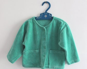 French vintage 1980 mint green velvet jersey cardigan - New old stock - Size 1 year