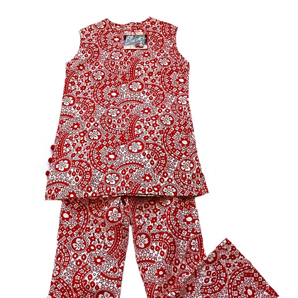 Vintage 70's ensemble tunique + pantalon en coton imprimé rouge des années 70 - Stock Neuf - Taille 9 ans