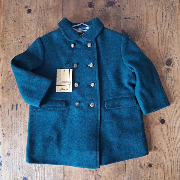 Manteau d'hiver en pure laine vert foncé des années 60 - Stock ancien neuf - Taille 2 ans