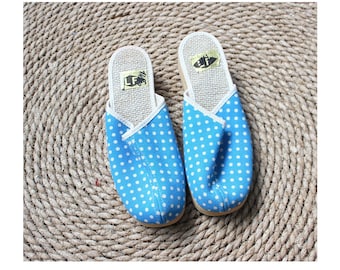 French Vintage 60/70's blue polka dots summer canvas clogs - new old stock - Size 30 EU  / US 12,5