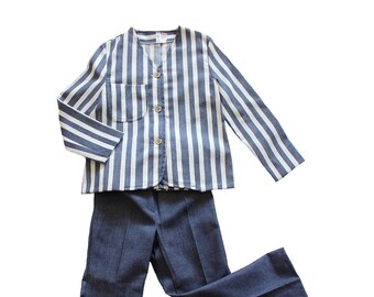 Vintage 70's striped and denim set - jacquet and pants - French new old stock - Size 8 years